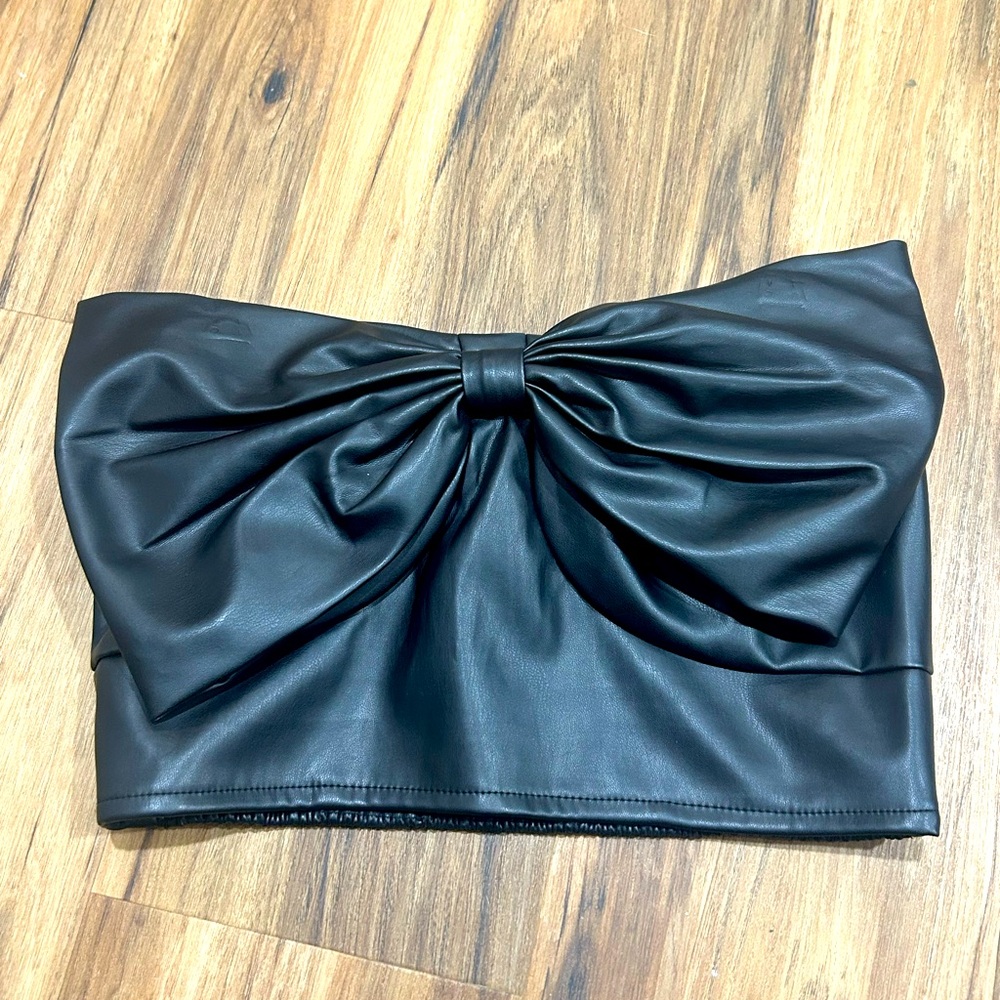 Black Faux Leather Bow Crop Top NWT
